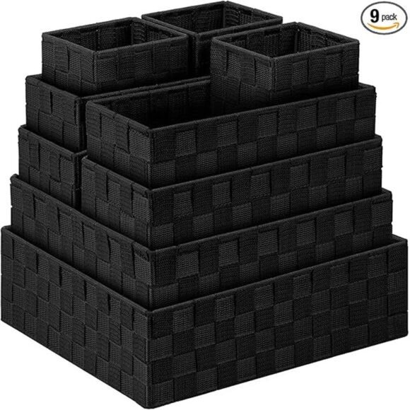 Woven Storage Baskets Set of 9 Black Organizer Bins for Closet Drawer Shelf - Picture 8 of 8